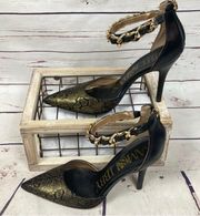 Black/Gold Snake Print Ankle Strap Stiletto Heels Sz 8