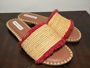 Chelsea & Violet Rafa Fringe Sandals Slides Red Woven Tan Women's Size 9