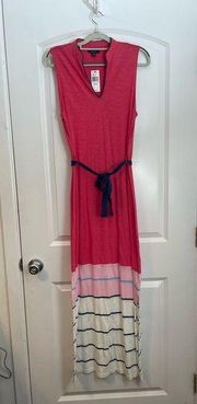 Nautica Pink Striped Sleeveless Tie Belt Maxi Dress Medium NWT