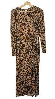 Cabi Selma Brown Animal Print Cinched Waist Long Sleeve Midi Dress S #4216