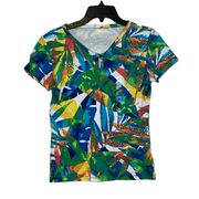 Anne Klein Multicolor Palm Print V-neck Top Short Sleeve Women Small Petite NWT