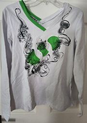 NWOT Only Win White Green Long Sleeve Double VNeck Long Sleeve Shirt Size L