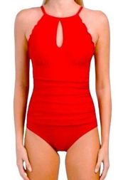 Ellen Tracy Ruched High Neck Ruffle Keyhole One-Piece Swimsuit Siren Red Size 14