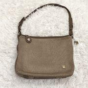 Woven Crochet Hobo Bag Tan Beige Plaid Lining