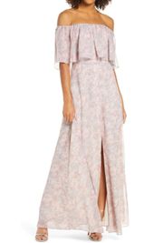 Blush Floral Off Shoulder Flutter Sleeve Maxi Dress Off Side Split Front