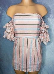 - Pink, Striped, Off-The-Shoulder, Mini Dress