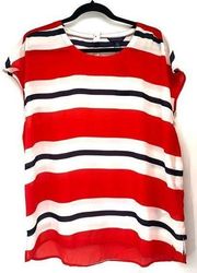 Tommy Hilfigure Red White and Navy Stripe Blouse Gold Button Back Size Medium