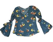 Sienna Sky  3/4 Sleeve Floral Blouse in Blue and Yellow Size xtra-small