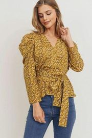 Alice Blue Women's Sz S Floral Print 3/4 Puff Sleeve Wrap Top Tie Waist Mustard