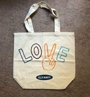 Old Navy "Love" Canvas Tote Bag Peace Sign Symbol Burlap No Stretch Natural NWOT