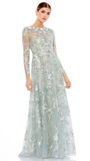 Floral Embroidered Illusion Long Sleeve Gown in Blue (Mist) Size 8
