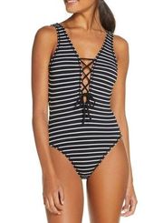 Robin Piccone Sailor Lace-Up Plunge One-Piece Swimsuit Navy White Womens Size 2