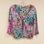 Alberto Makali Floral Beaded Crinkle Cardigan Size Medium EUC