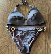 Victoria's Secret Vintage  Black/Gold Ring Halter Bikini Set, M