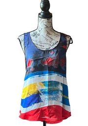 B B Dakota Womens Multicolor Sleeveless Tunic Blouse Satin  S watercolor artsy