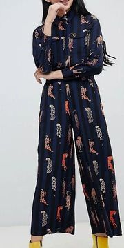 stripe wide leg pants with leopard placements in navy