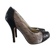 Lulu Townsend Black & Beige Mesh Glitter Stiletto Heels 6