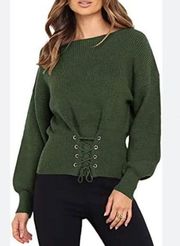 NEW LF Seek the Label Corset Crop Sweater Tie Front Chunky Knit M Green Holiday