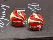 Vintage 1980s Colorful Swirl Red Brass Round Retro Stud Earrings