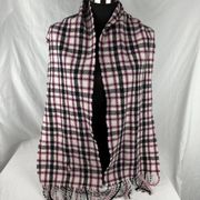 Ralph Lauren Blue Label Pink Black White Plaid Scarf Lambswool Fringe Made Italy