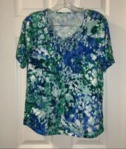 Allison Daley Green/Blue Print Scoop Neck Short Sleeve Top M