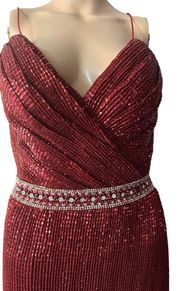 Womens Red  Sequins Red Maxi Beaded Rhinestone Waisted Dress