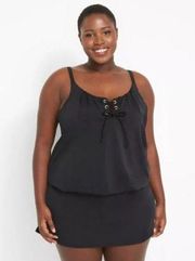 new LANE BRYANT SWIM BLACK NO WIRE LACE-UP BLOUSON TANKINI TOP PLUS SZ 36