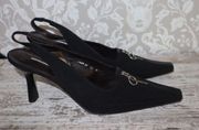 Black Fabric Leather Zipper Slingback Heels Sz 10 N