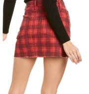 Hudson Red & Black Plaid Viper Mini Skirt Size 26 (2) EUC Frayed Hem Stretch