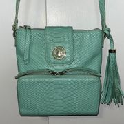 Isaac Mizrahi Live Bridgehampton Leather Snake Crossbody Bag w Wallet MINT