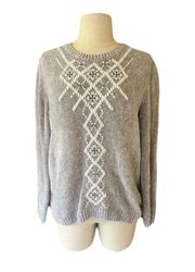 Alfred Dunner Alpine Lodge Embellished Pullover Long Sleeve Sweater Silver White Size Small 