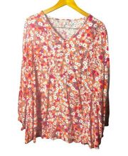 Woman Within Blouse Size 1X 22/24 Pink Floral Print V-Neck Long Sleeves Rayon