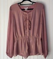 Kate Hill Women's Pink Long Sleeve Crew Neck Pullover Ruffle Blouse Size 12