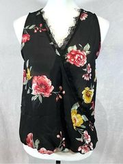 West Kei black floral lace lined faux wrap top size XS