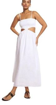 Faithfull the Brand Tayari Cut Out Square Neck Smocked Midi Dress White 4/S NWT