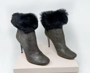 JIMMY CHOO Brown Anthracite Shimmer Leather Shearling Fur Tempo Bootie Size 40