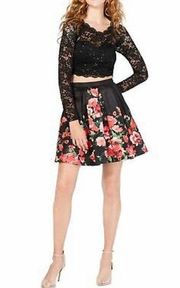 SEQUIN Hearts Juniors Pleated Big Volume Fancy Floral Rose Print Mini-skirt