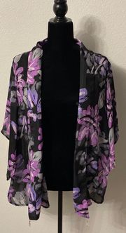 Vintage Sheer Floral Jeweled Flowy  Open Kimono Cardigan Size Medium Misses