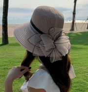 Elegant Ladies Mesh Flower Sun Hat Women Wedding Tea Party Church Beige