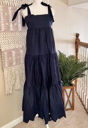 Dress Cotton Tiered Embroidered Scallop Hem Midi Navy Medium MSRP $248