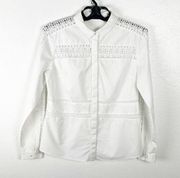 ELIE TAHARI White Lace Trim Long Sleeves Hidden Button Placket Top, Size Small