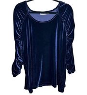 Susan Graver Blue Velvet Velour Ruched 3/4 Sleeve Blouse Size 1X