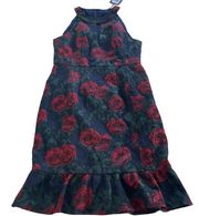 Nanette Lepore Dress Womens 10 Blue Red Rose Floral Midi Tiered Hem Cocktail