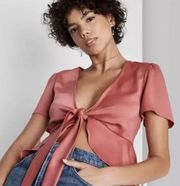 Wild Fable NWT  Satin Bow Tie Front Crop Top Peplum Pink