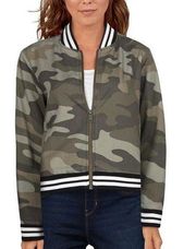 Natural Reflections Camo Chambray Like Ribbed Knit Trim Bomber Jacket Pockets S