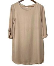 Everly Shift Chiffon Dress 3/4 Button Sleeve Round Neck Beige Medium