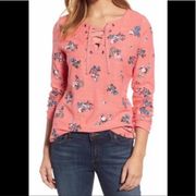 CASLON FLORAL SWEATSHIRT WITH LACE UP NECKLINE