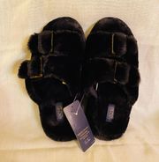 women black Faux Fur Cross Band with Buckle Slippers Size S 5-6