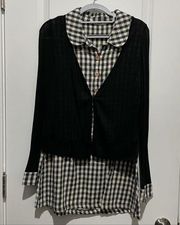 One piece gingham button up dress with cardigan
