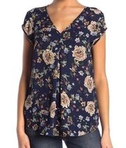 NEW NWT HALOGEN Double V-Neck Top Navy Blue Tan Mustard Pink Floral Short Sleeve